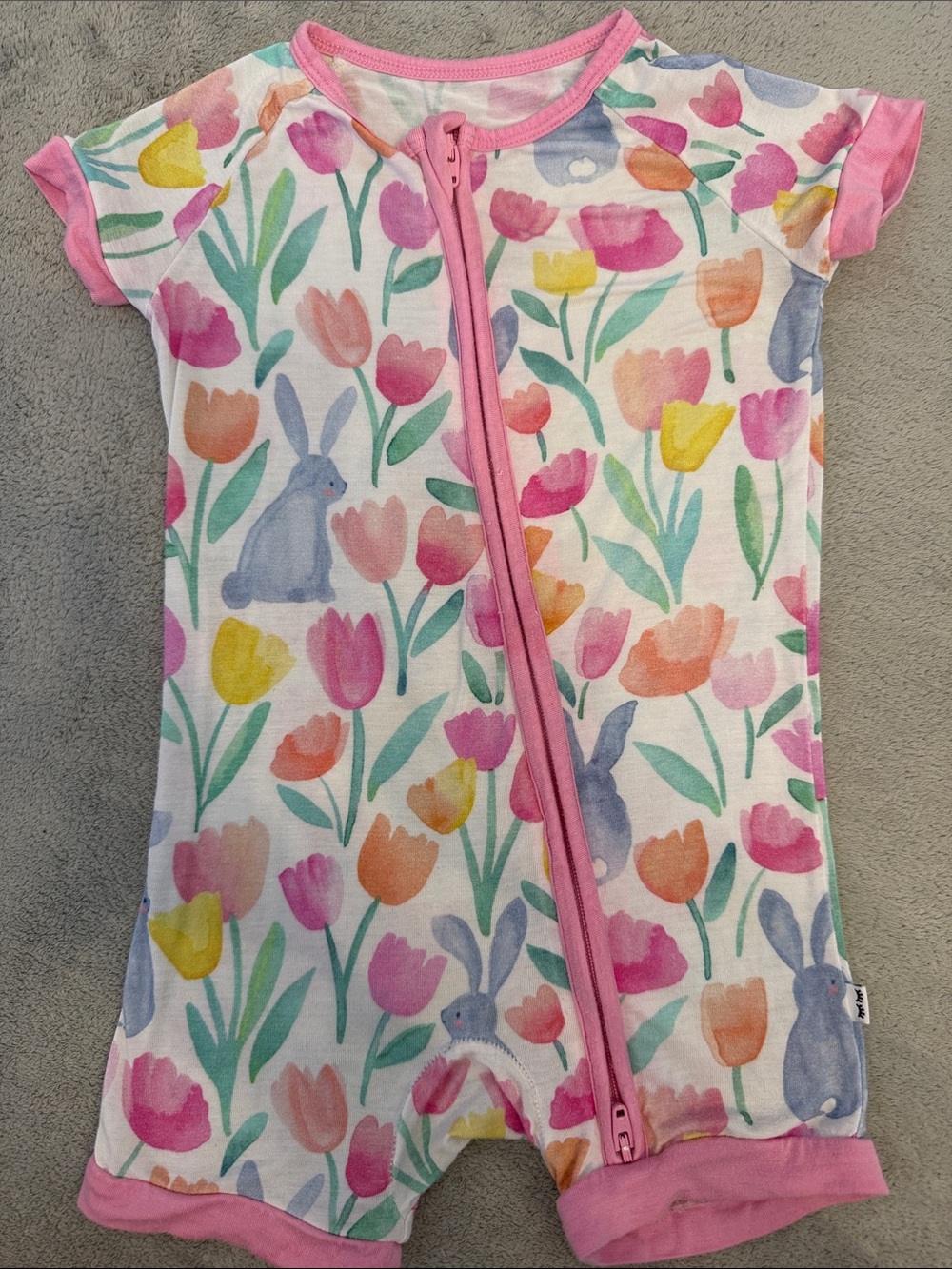 Little Sleepies Pink-Trim Tulip & Bunny Short Sleeve Zip Romper